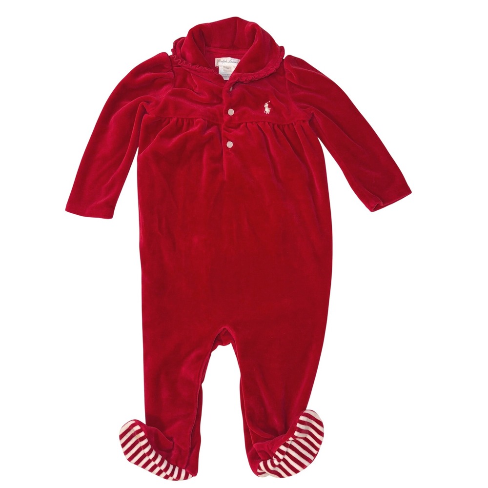 Ralph Lauren Baby Girls Red Velour‎ Footed Pajama Romper 9M Ruffle Striped Feet